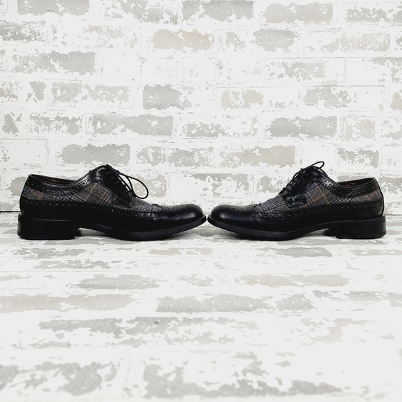 Kenneth Cole Reaction Mixed Wingtip Plaid Fabric Black Leather Oxfords O637 - Picture 7 of 12